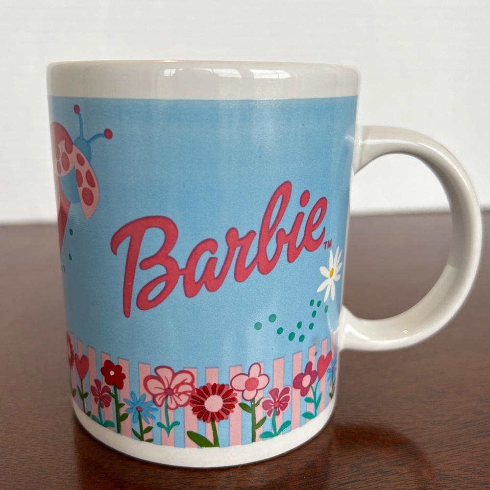 Vintage Barbie Pink, Garden Heart Lady Bugs, Ceramic Coffee Cup Mug 2000 Y2K